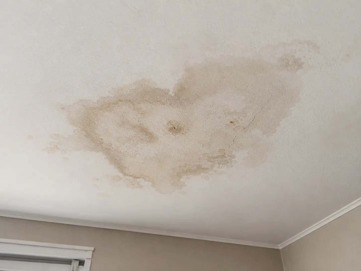 Plafond taché par une infiltration, photographié avec son environnement