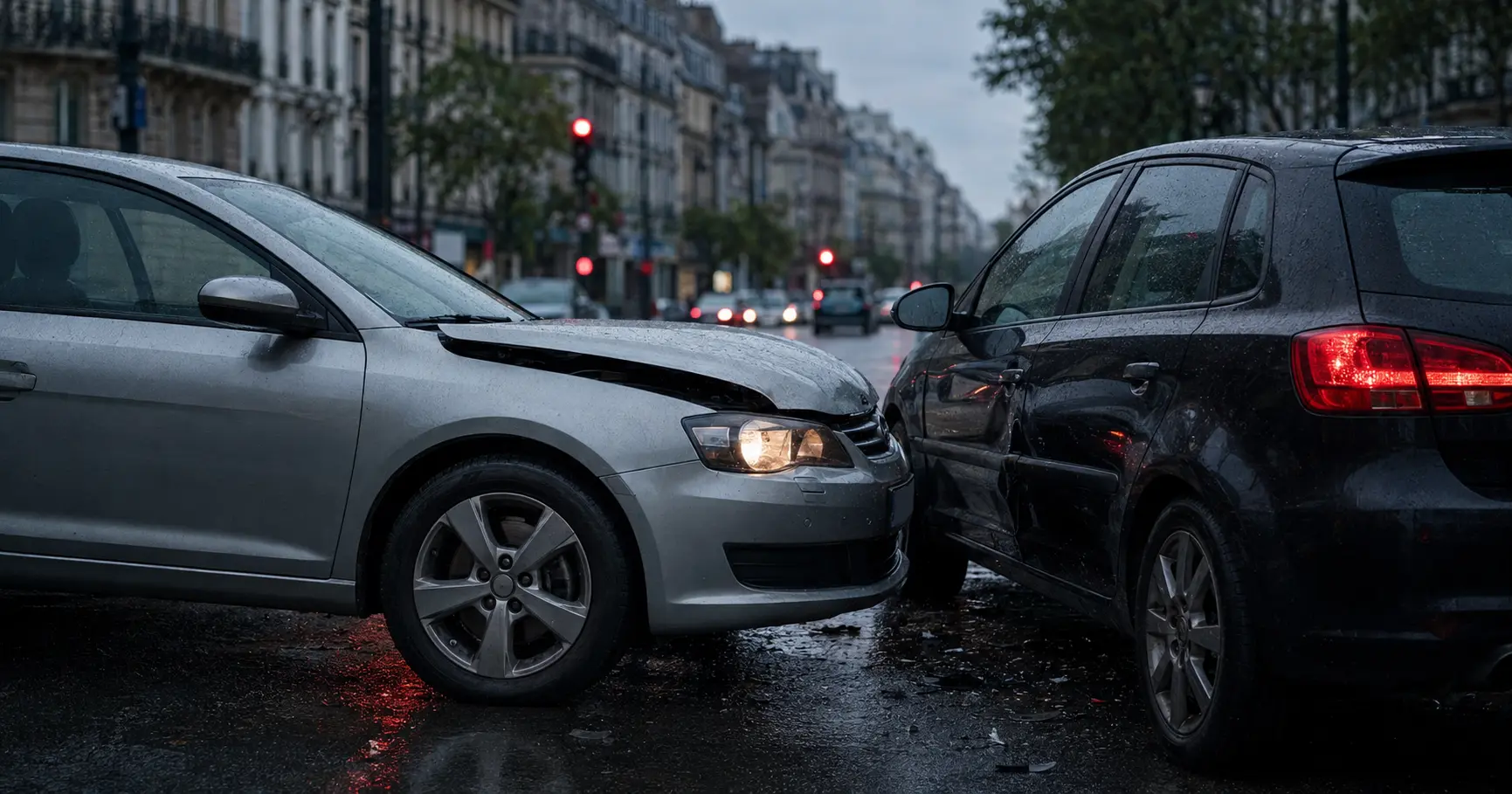 Véhicules impliqués dans un accident sur une chaussée mouillée